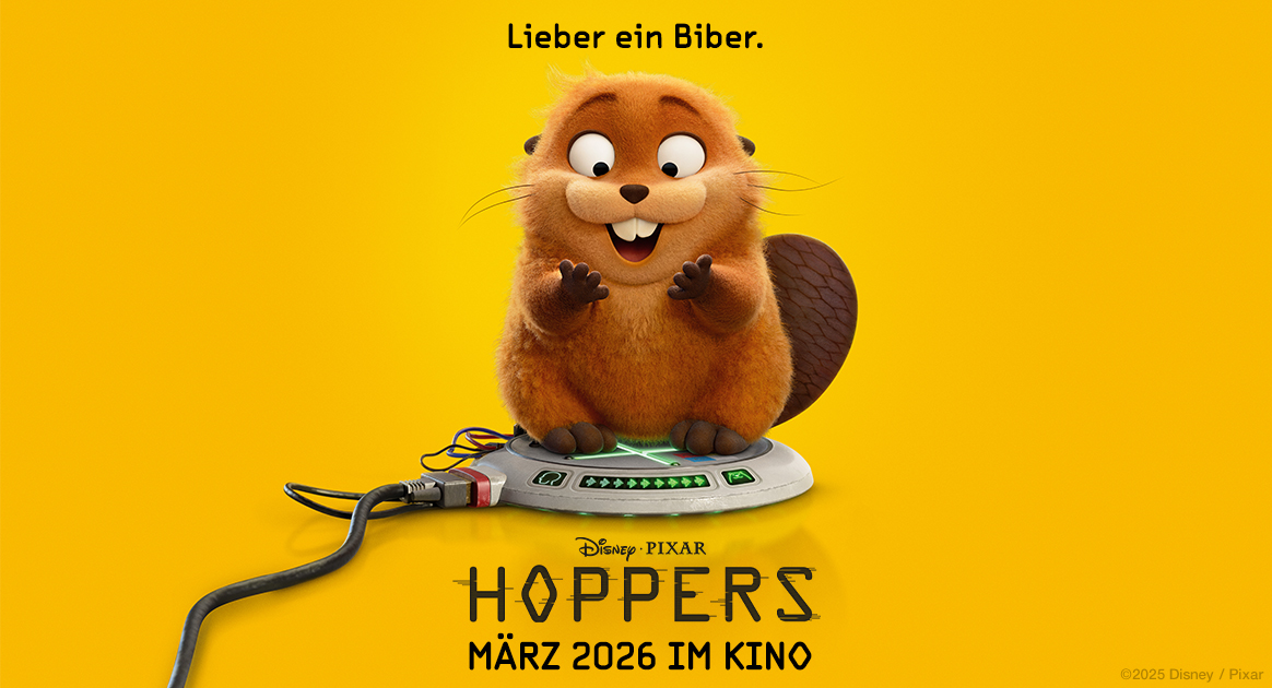 Kinoplakat HOPPERS: lachender Biber auf gelbem Hintergrund