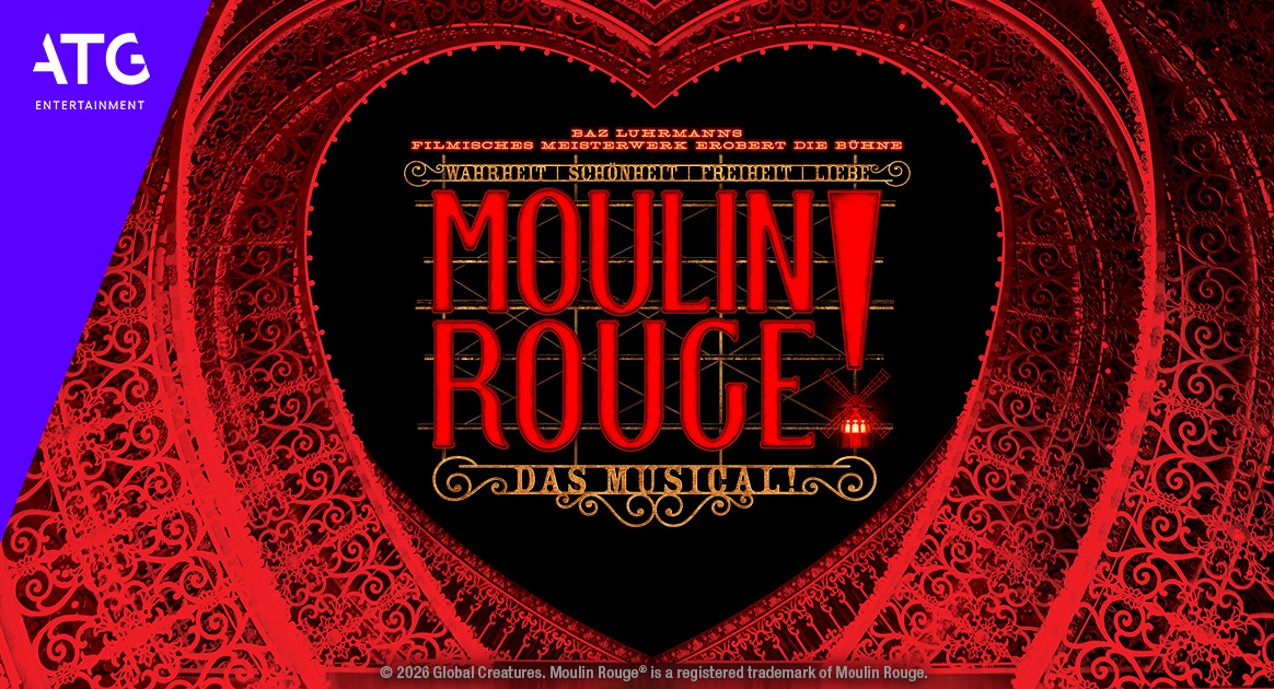 Schriftzug Moulin Rouge in der Mitte eines roten Herzens